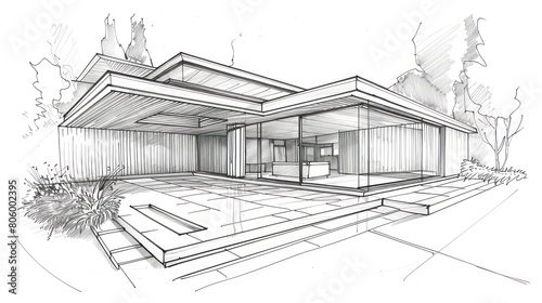 villa architecture outline hand sketch
