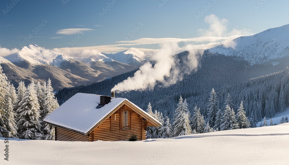 Winter Retreat: Cozy Cabin in a Snowy Mountain Landscape