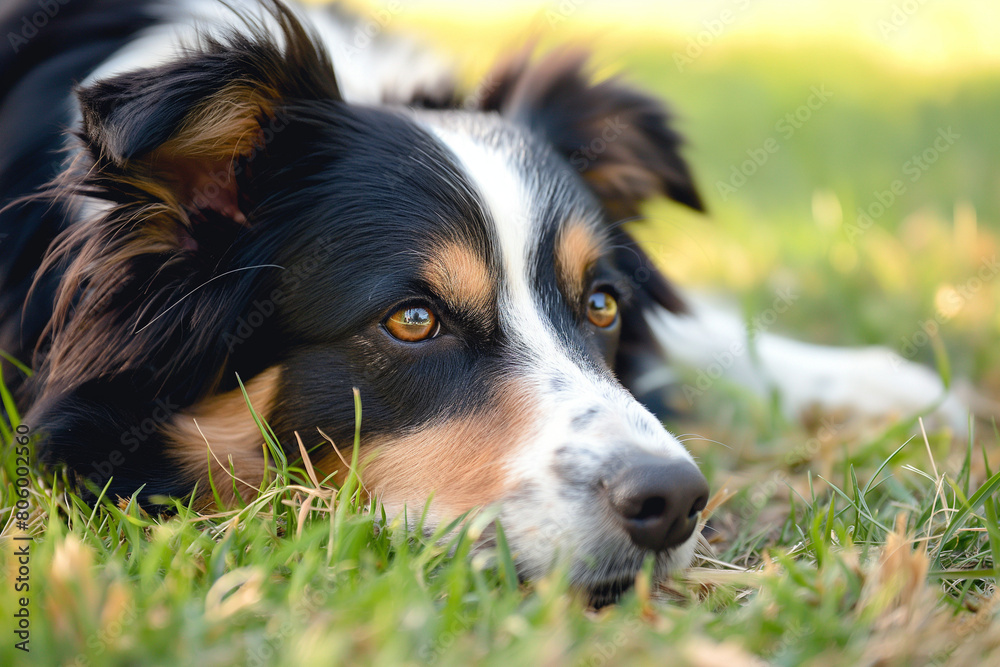 A Border Collie dog is lying in the grass
