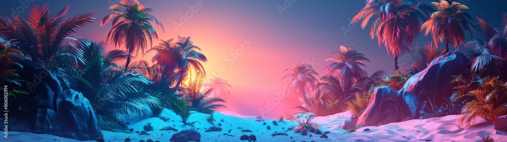 A tropical scene with palm trees and a sunset in the background