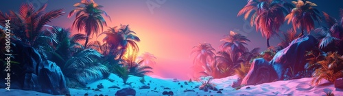 A tropical scene with palm trees and a sunset in the background