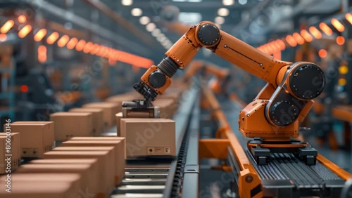 A robotic arm sorts brown boxes on a conveyor belt in a factory preparing them for transport and delivery to customers, Generated by AI	 photo