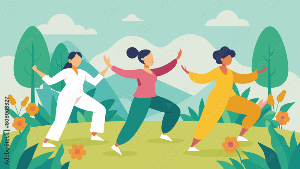 With the rhythmic sounds of nature as their backdrop a garden Tai Chi group gracefully flows through their movements.. Vector illustration