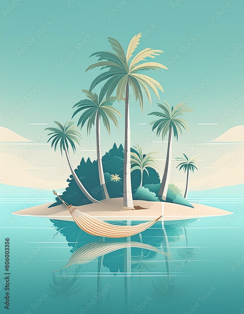 A tropical island in a minimalist style, with flat palm trees, a simple boat, and a hammock