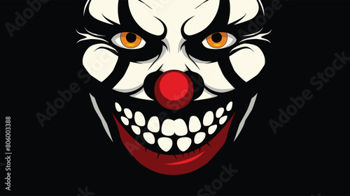 Scary clown face digital art, menacing smile, sharp teeth, intense eyes. Malevolent clown illustration, horror theme, black red colors, yellow eyes. Frightening graphic, sinister expression
