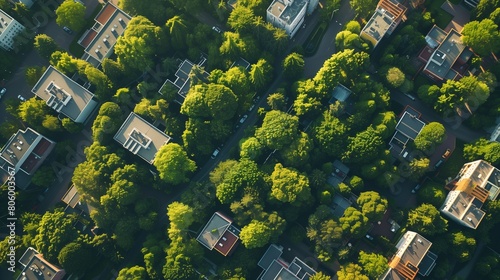 Aerial view of a sustainable green cityscape showcasing lush urban jungle areas, parks, and gardens interspersed among residential houses, promoting eco-friendly living and biodiversity. #806003567