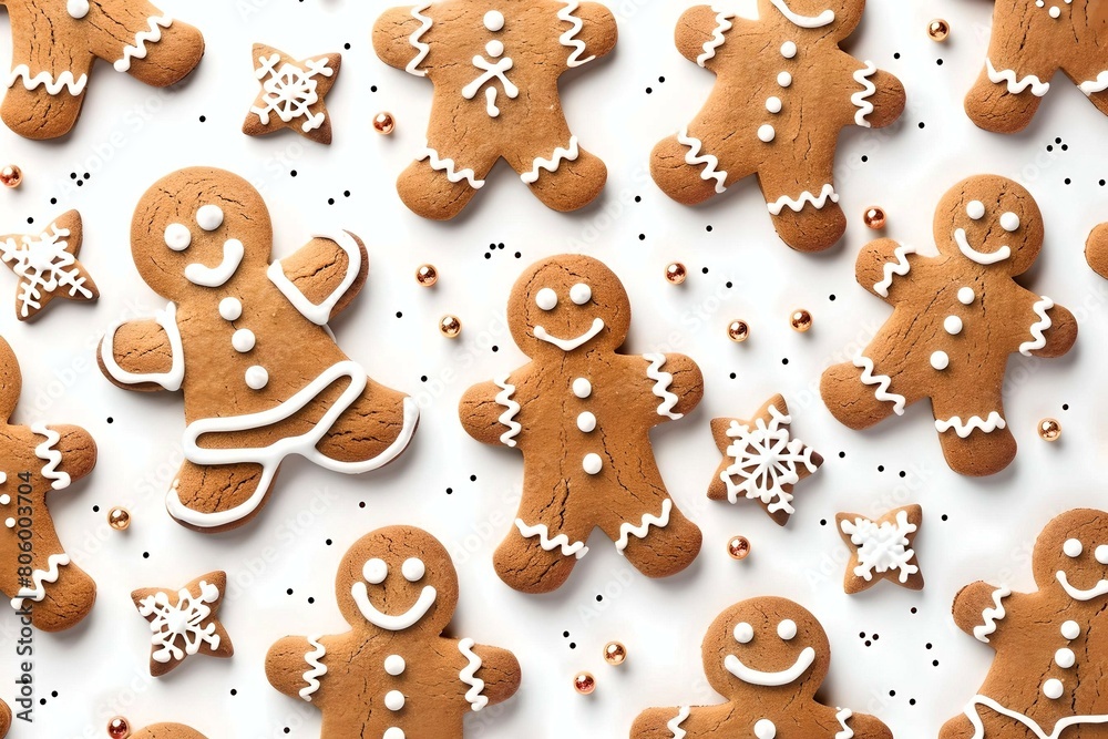 Smiling gingerbread cookies decorated with white icing, spread out on a white surface.
