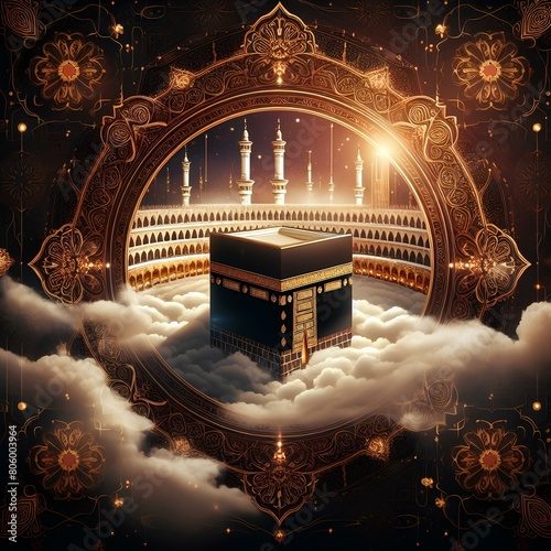 Holy Kaaba in the cloud with a gold frame photo