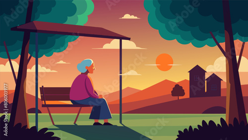 From a porch swing on a small town street an elderly resident watches the sunset and thinks back on a life lived with Stoic principles finding solace. Vector illustration