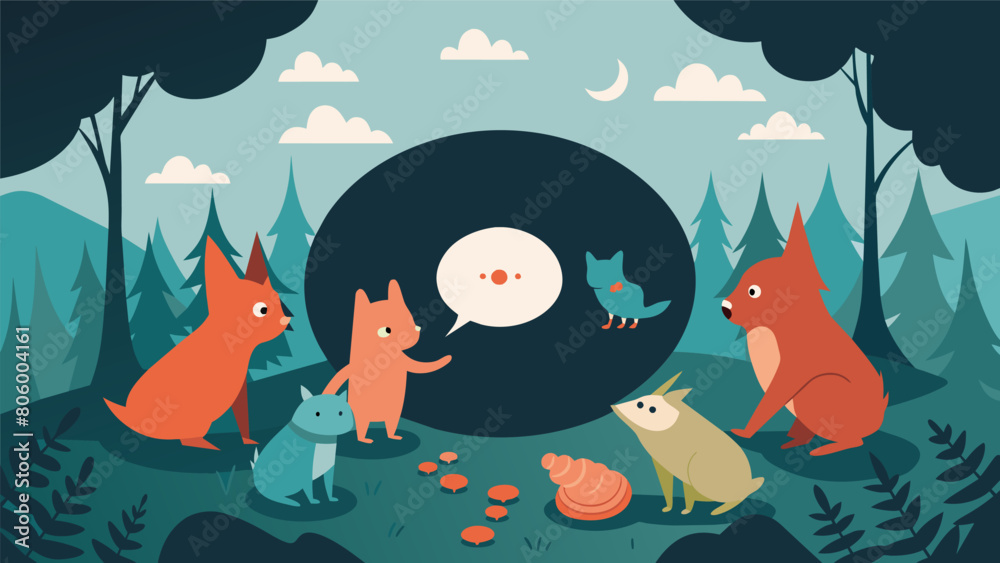 A whimsical drawing of a forest filled with talking animals reveals a hidden message etched onto the back of a vinyl record begging to be solved. Vector illustration A whimsical drawing of a forest filled with talking animals reveals a hidden message etched onto the back of a vinyl record begging to be solved. Vector illustration
