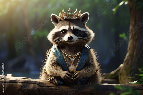 Fantasy of a cute raccoon in the forest wearing a necklace and crown photo