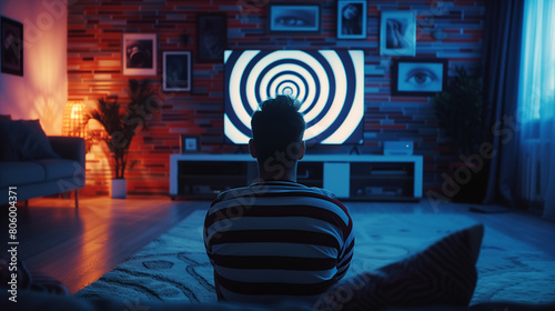 dark room with a silhouette of a person sitting and watching TV displays a hypnotizing spiral. photo