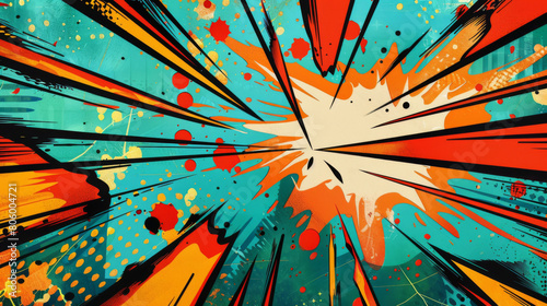 Colorful illustration of a comic book explosion with bright orange and teal colors, featuring splashes and dynamic lines.