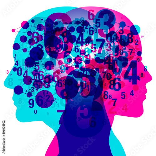 Wallpaper Mural A vibrant digital artwork depicts multiple silhouettes of human heads overlayed with an array of numbers and dots, symbolizing the complexity and analytical aspect of brain and thought processes. Torontodigital.ca