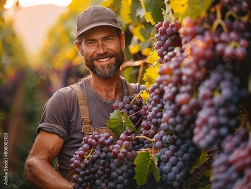A man standing in a lush vineyard, holding a bunch of ripe grapes, wearing a cap and overalls, he is smiling.