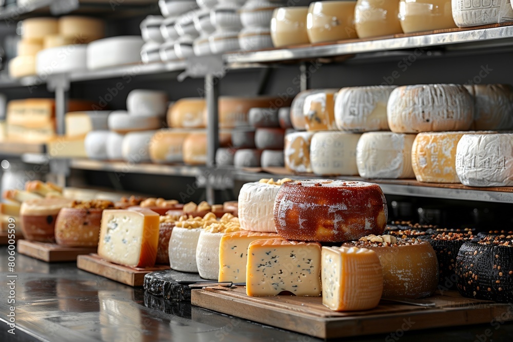 A dairy store offers a variety of delicious cheeses on shelves for sale. A dairy store offers a variety of delicious cheeses on shelves for sale.