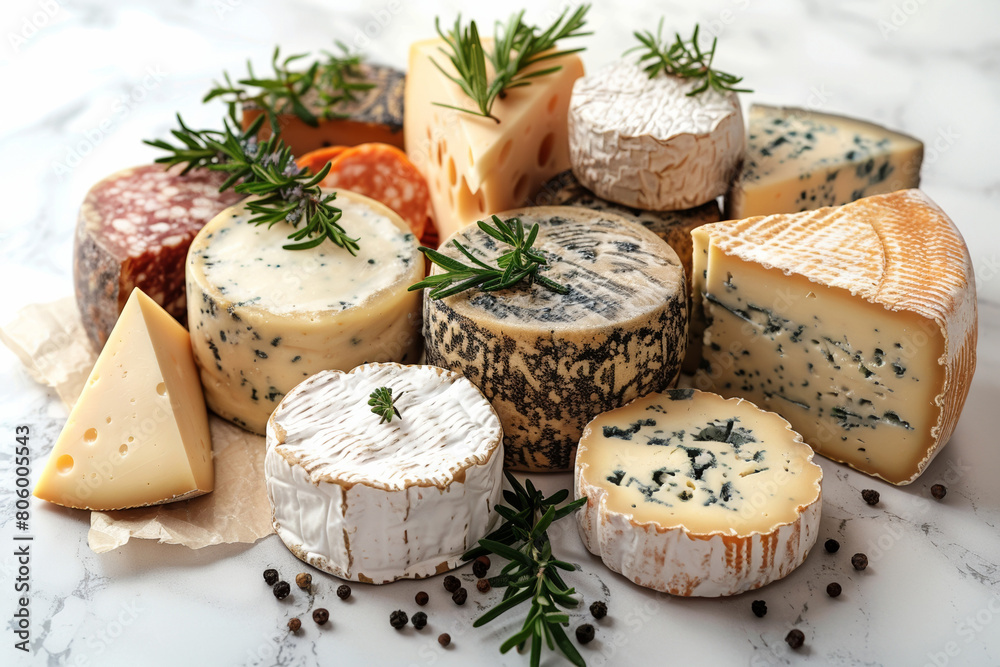 Indulge in a rustic assortment of various cheeses, on a marble table. Indulge in a rustic assortment of various cheeses, on a marble table.
