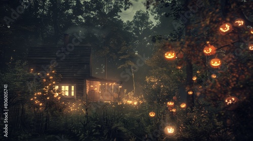 Spooky Halloween pumpkin in front of a house. Scary setting with a carved pumpkin in the forefront and a mysterious mansion amidst a dark, eerie forest It evokes a sense of fear and the supernatural © MiniMaxi