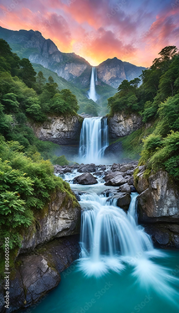 Fototapeta premium Majestic Twin Waterfalls in Lush Mountain Landscape at Sunset at Summer