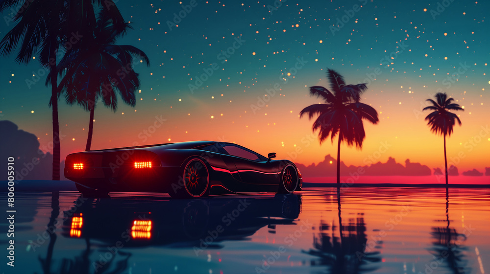 futuristic back side view supercar on sunset background. neon concept