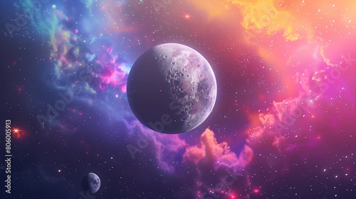Cosmos background with planets and shining stars. Colorful galaxy backdrop.