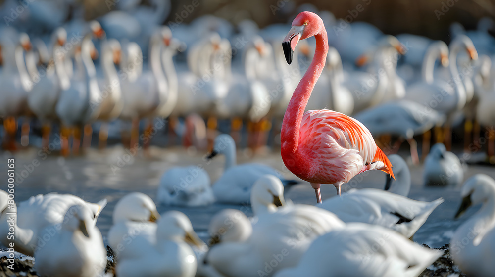 Naklejka premium A standing flamingo among a flock of white ducks