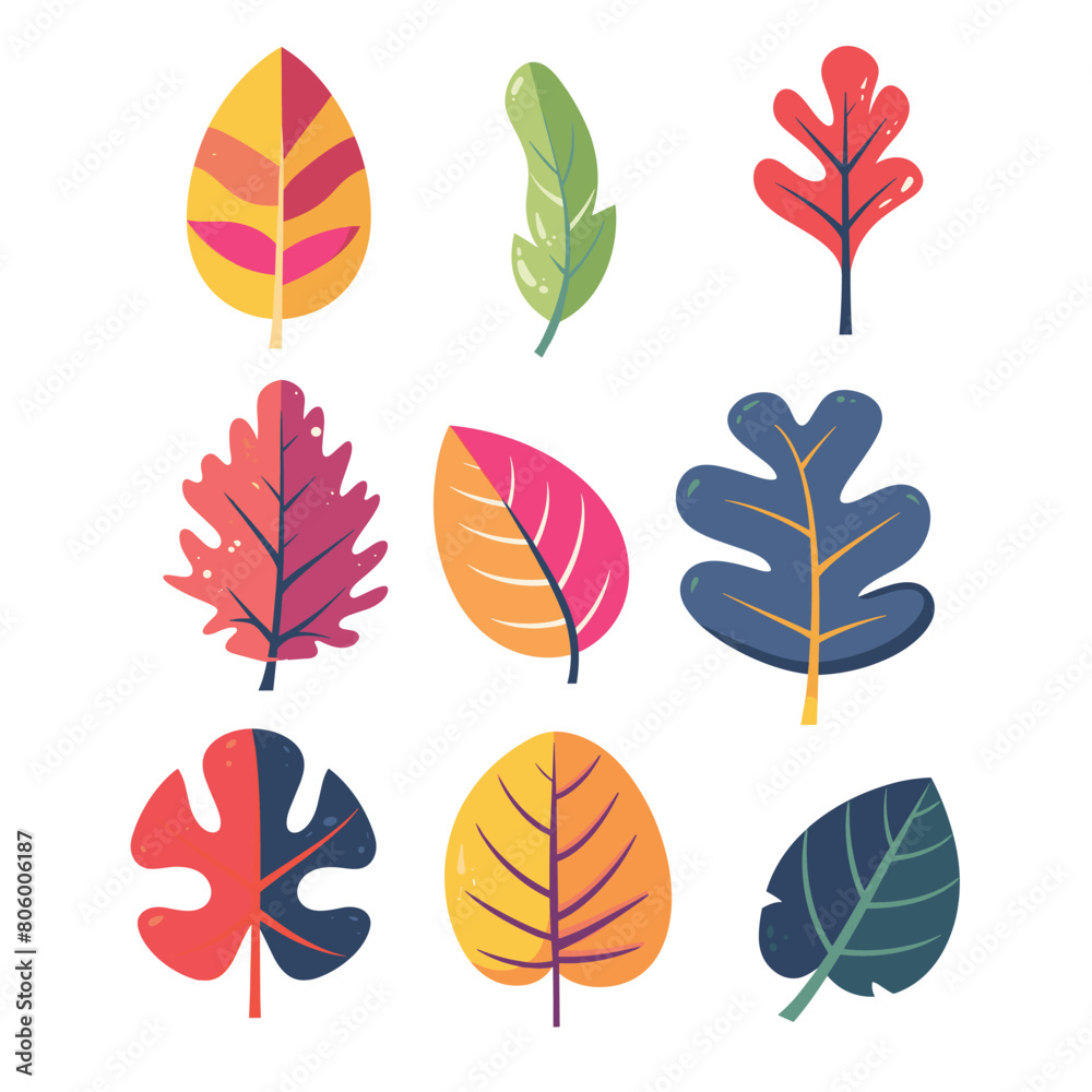 Fototapeta premium Collection colorful autumn leaves flat design isolated white background. Different shapes colors representing fall season, foliage natural variation. Cartoon style leaves oak maple botanical