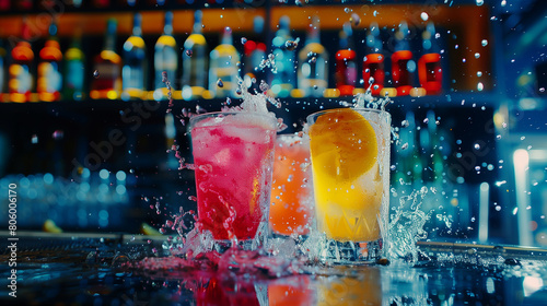Alcoholic drinks. Juicy fruit cocktail is poured into a glass with splashes, photo