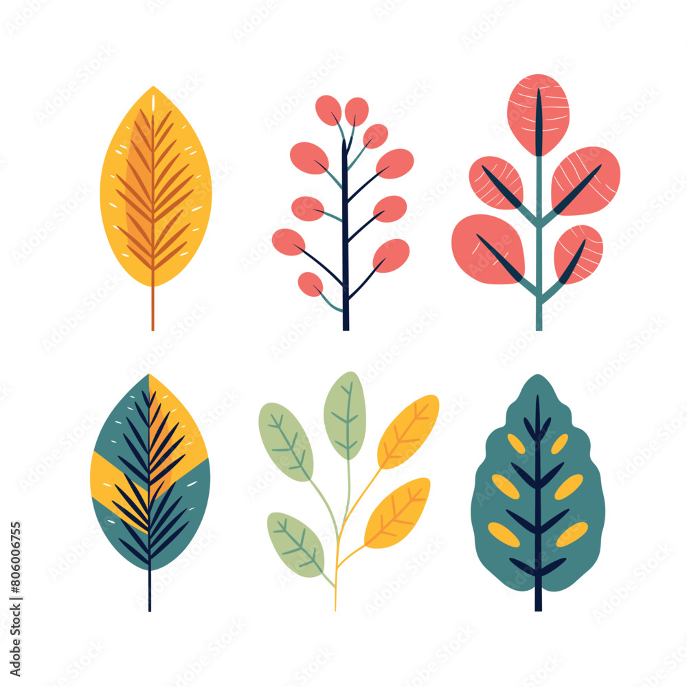 Set six colorful flat design foliage leaf illustrations. Various stylish leaves vivid colors ideal modern botanical graphics. Trendy plant elements ecofriendly naturerelated designs Set six colorful flat design foliage leaf illustrations. Various stylish leaves vivid colors ideal modern botanical graphics. Trendy plant elements ecofriendly naturerelated designs
