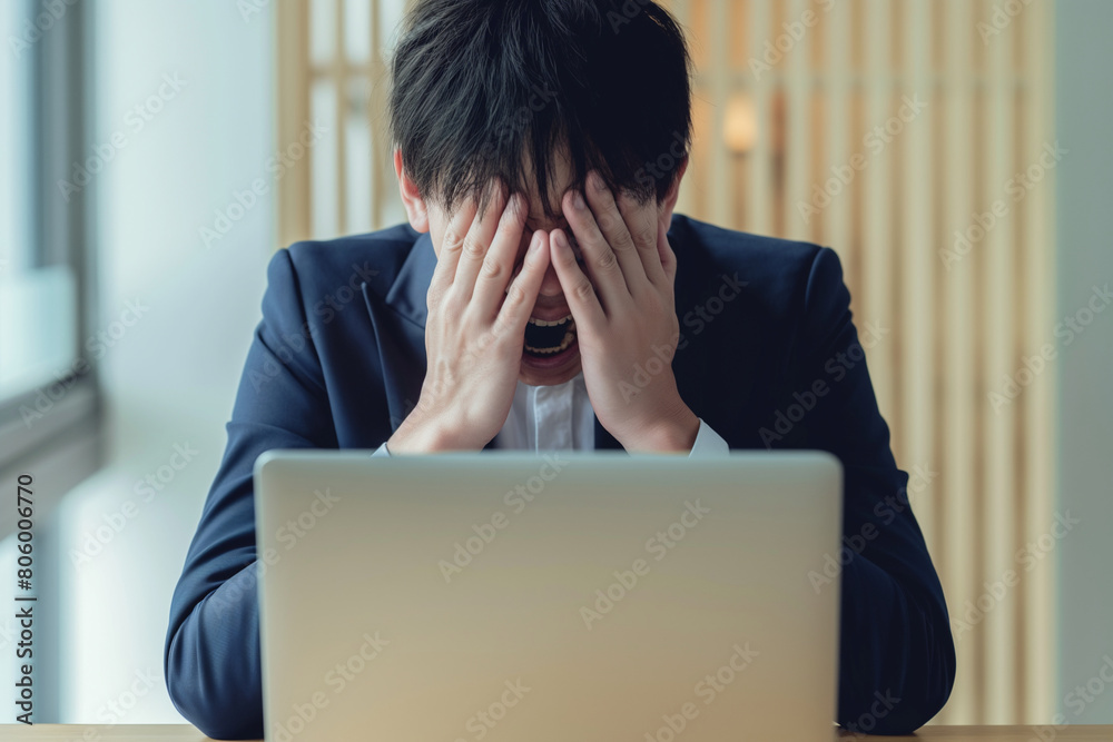 businessman in covers his face with both hands businessman in covers his face with both hands