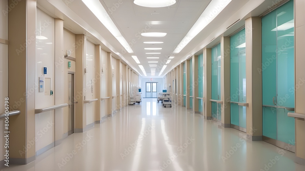 hazy hospital hallway with an opulent, abstract decor. The clinic's interior is