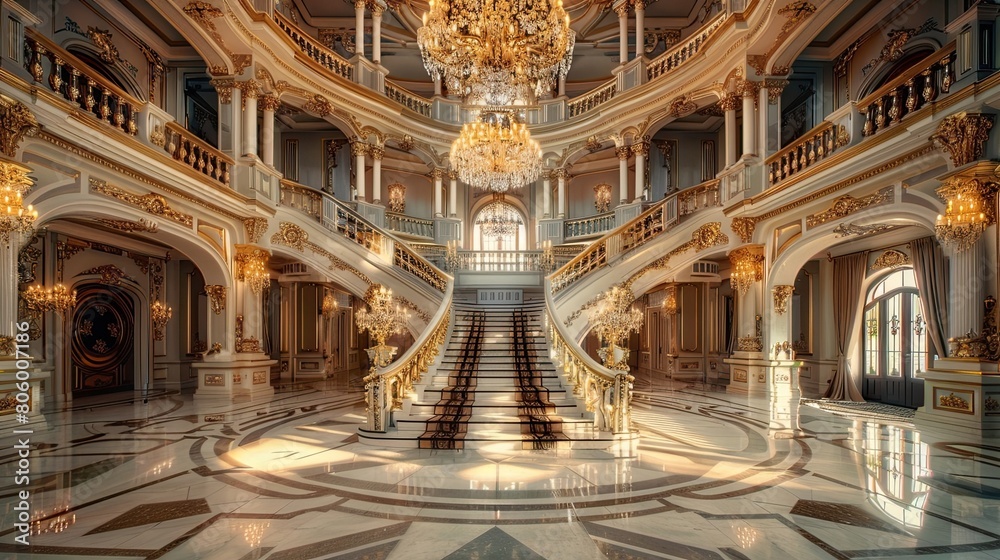 Renaissance-inspired ballroom with crystal chandeliers, marble floors, and grand staircase.