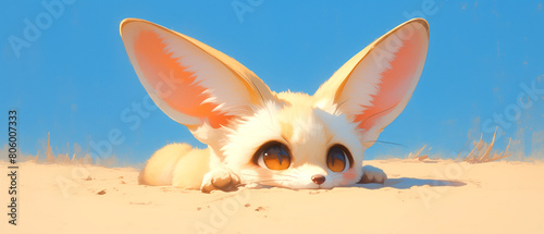 A baby fennec fox digging in the desert sand with oversized ears. cute animal cartoon