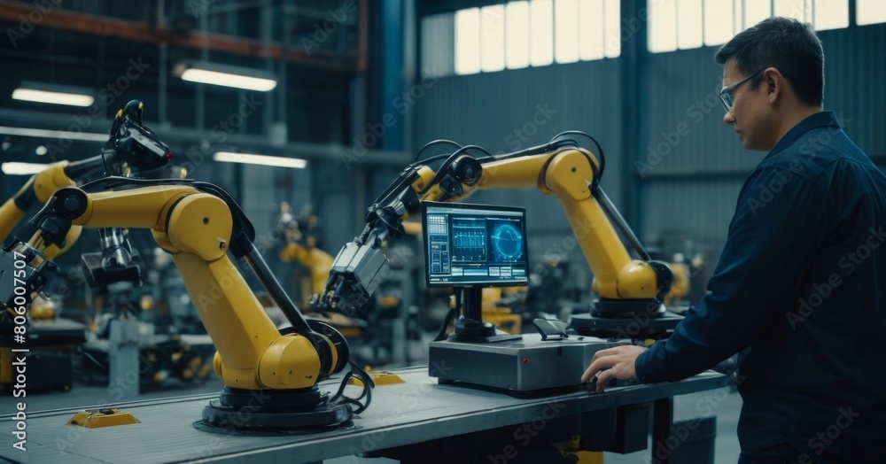 Male engineer monitors robotic arms in a high-tech manufacturing plant. Male engineer monitors robotic arms in a high-tech manufacturing plant.