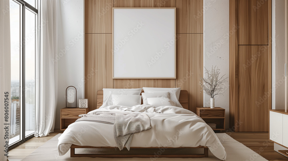 Obraz premium Mockup canvas frame in beige and wooden bedroom, bed with white pillows and linens, front view. Wooden wardrobe and white wall, window with city view, 3D rendering no people