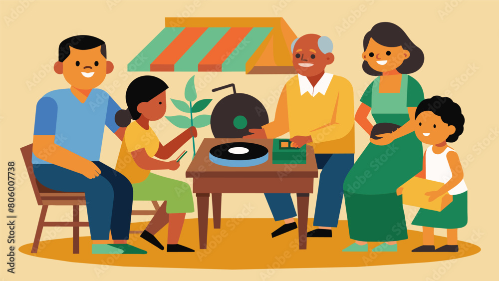 In a remote village a group of elders share their musical traditions and pass down their knowledge to the younger generation. The vinyl records Vector illustration