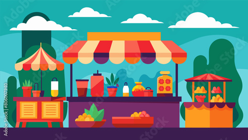 Colorful stalls decked out with eclectic wares catch the eye of passersby drawing them in to explore.. Vector illustration