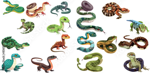 Different snakes and lizard cartoon icons set