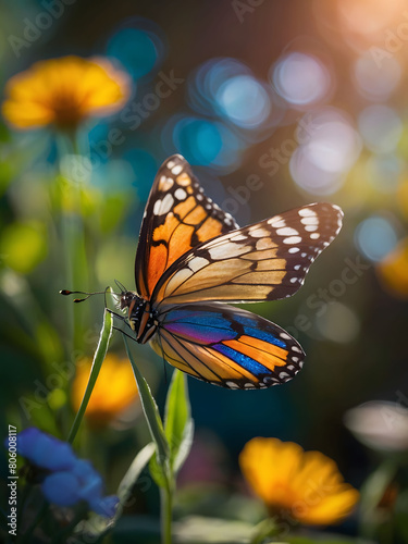 Vibrant fairy wings shimmer as a butterfly lands in a garden, casting a whimsical shadow.