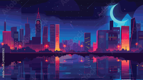 Futuristic cityscape under night sky crescent moon, neon skyline reflections water. Bright colors urban skyline, cyberpunk metropolis, digital art futuristic. City night