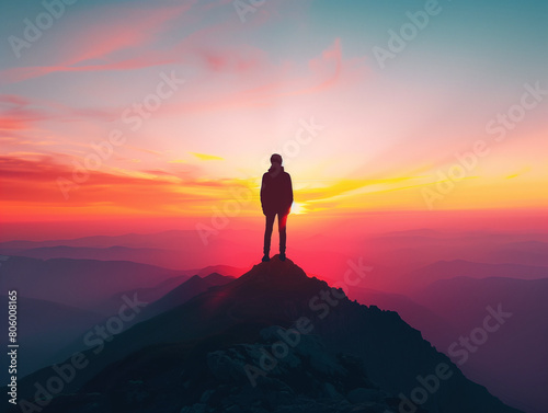 A person standing on the mountain top at sunset, looking out over the horizon. The image captures the figure silhouetted against the vibrant colors of the sunset, with hues of orange, red, and purple 