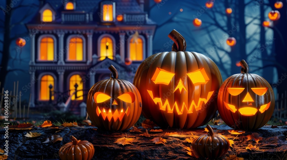 Fototapeta premium Spooky Halloween pumpkin in front of a house. Scary setting with a carved pumpkin in the forefront and a mysterious mansion amidst a dark, eerie forest It evokes a sense of fear and the supernatural