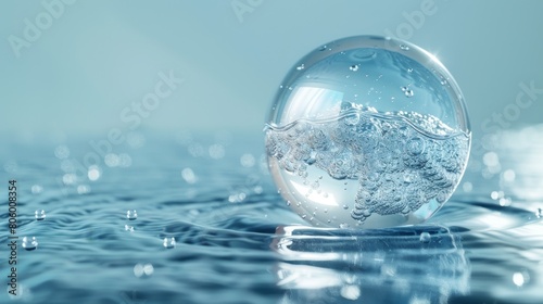 A glass-like water sphere floats on the surface  capturing rising bubbles in a serene and abstract composition against a soft blue backdrop.