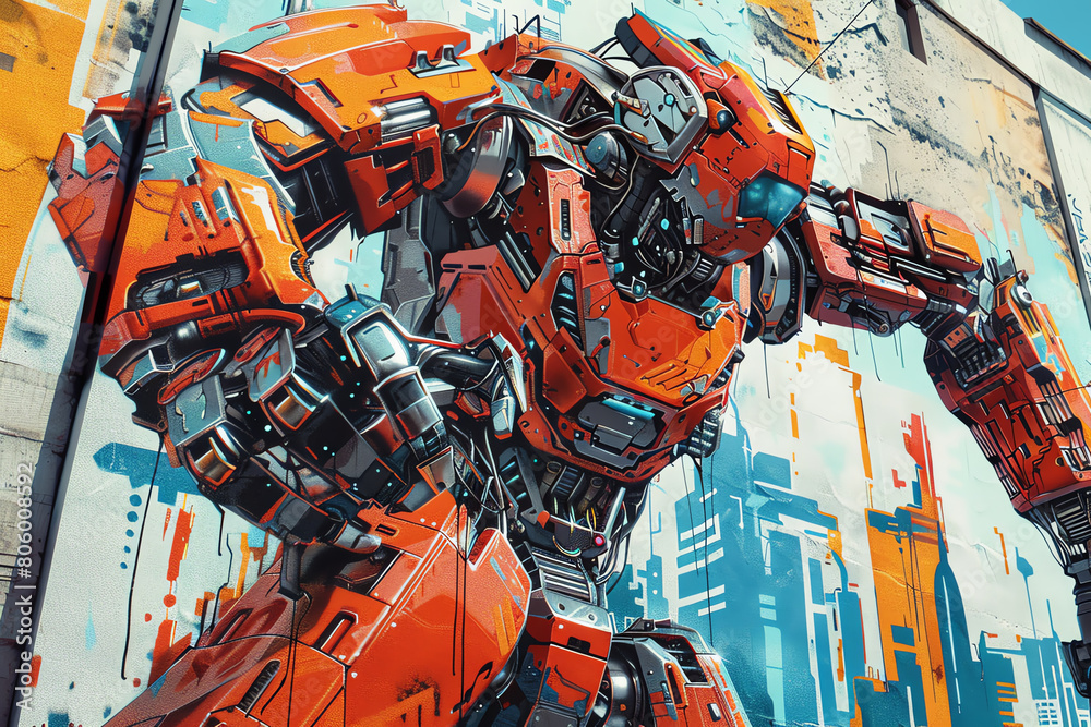 Capture the intricate details of a towering robotic mural through a dynamic wide-angle lens, emphasizing the metallic sheen and vibrant colors that pop against the urban backdrop