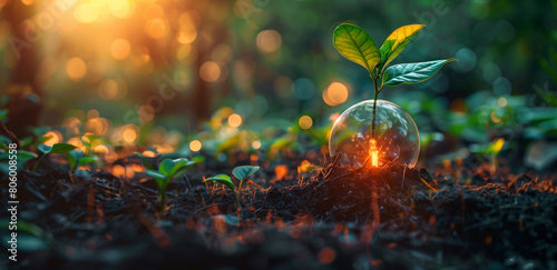 A small sprout growing next to a glowing glass sphere on the forest floor at sunrise. Concept of new beginnings and sustainable growth in harmony with the environment.