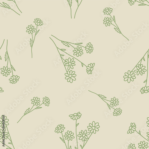 Contour drawing of daisies isolated on a beige background. Green outline chamomile flower on beige. Seamless pattern, hand drawn. Background for cover, textile, dishes, interior decor.