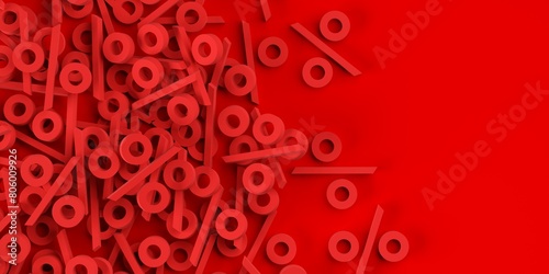Fotografie Heap of red percent sign symbols border on red background, sale, discount or sal
