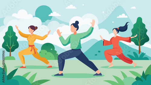 In a communal effort the garden Tai Chi group moves in harmony creating a sense of unity and oneness with nature.. Vector illustration