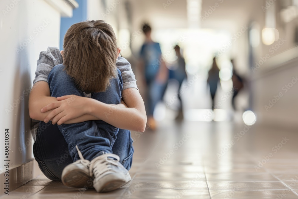 Alone boy in corridor: aftermath of bullying incident