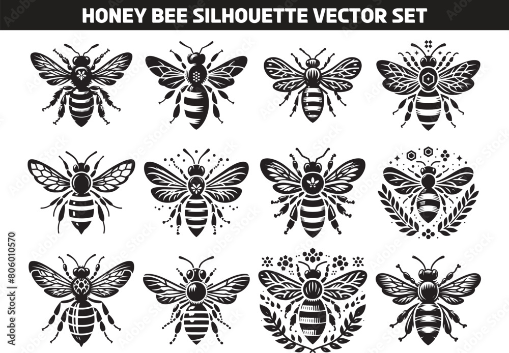 Honey Bee Silhouette Vector Illustration Set Honey Bee Silhouette Vector Illustration Set